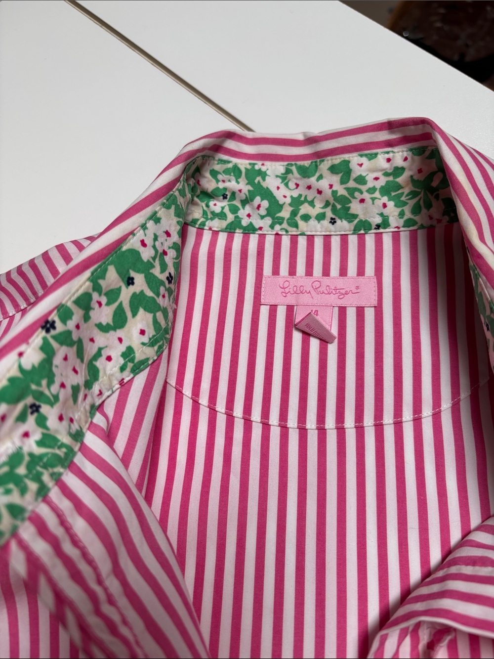 Lily Pulitzer Pink and White Striped Ruffle Button-Up Shirt Size 14 - Picture 5 of 5